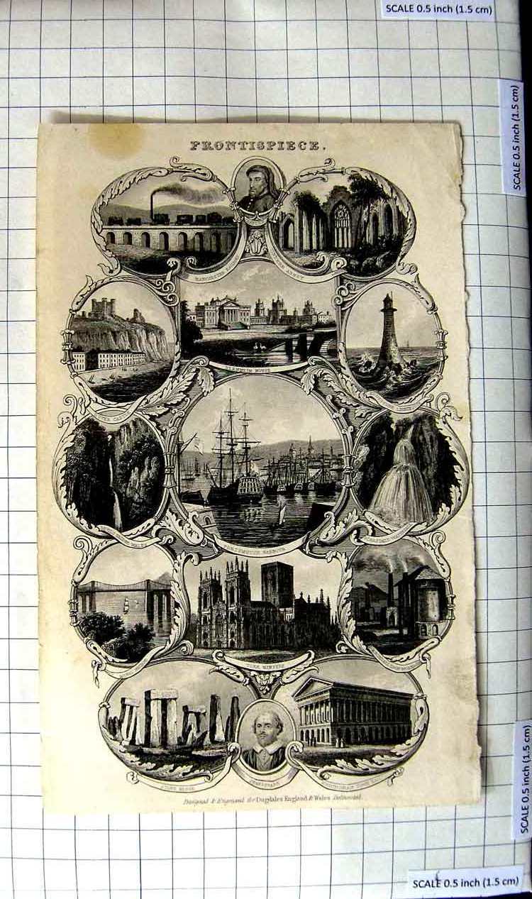 Original Old Antique Print Portsmouth Harbour York Minster Shakspeare Eddystone