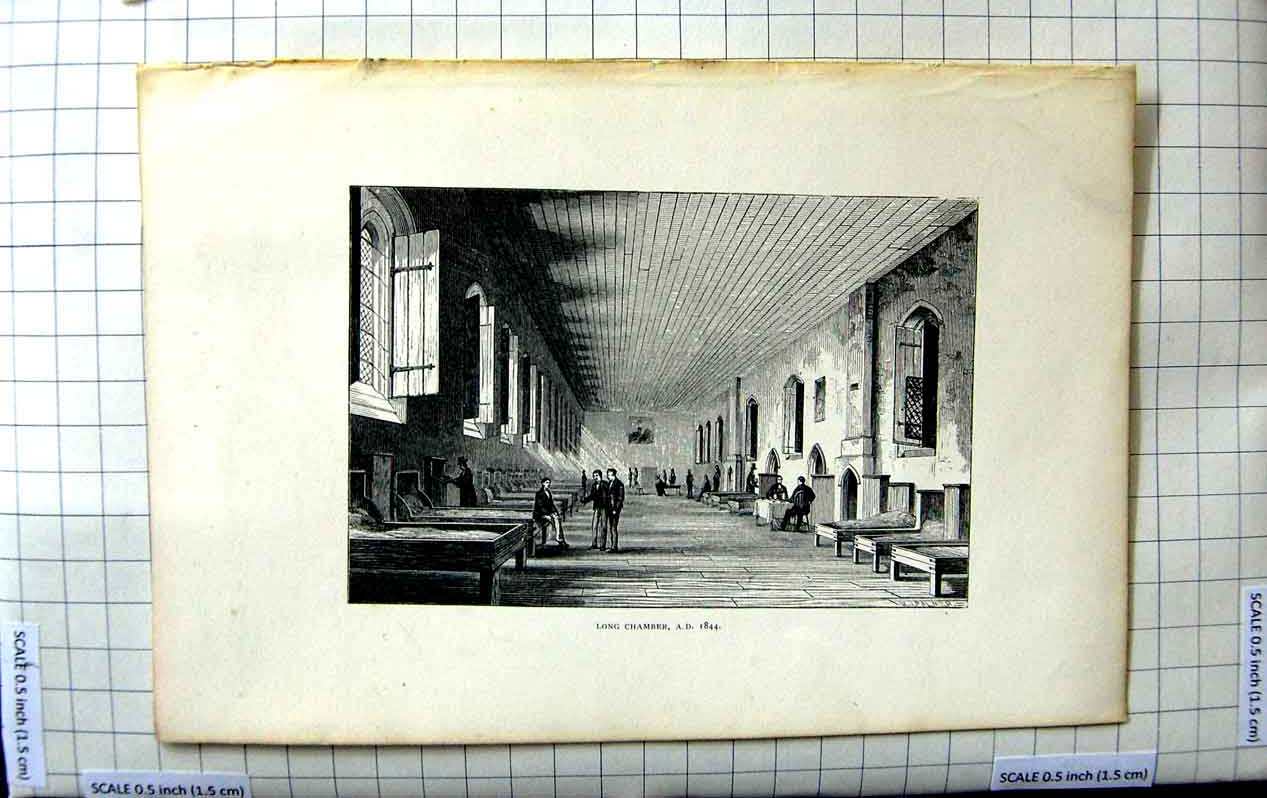 Original Old Antique Print Interior Long Chamber School Boys
