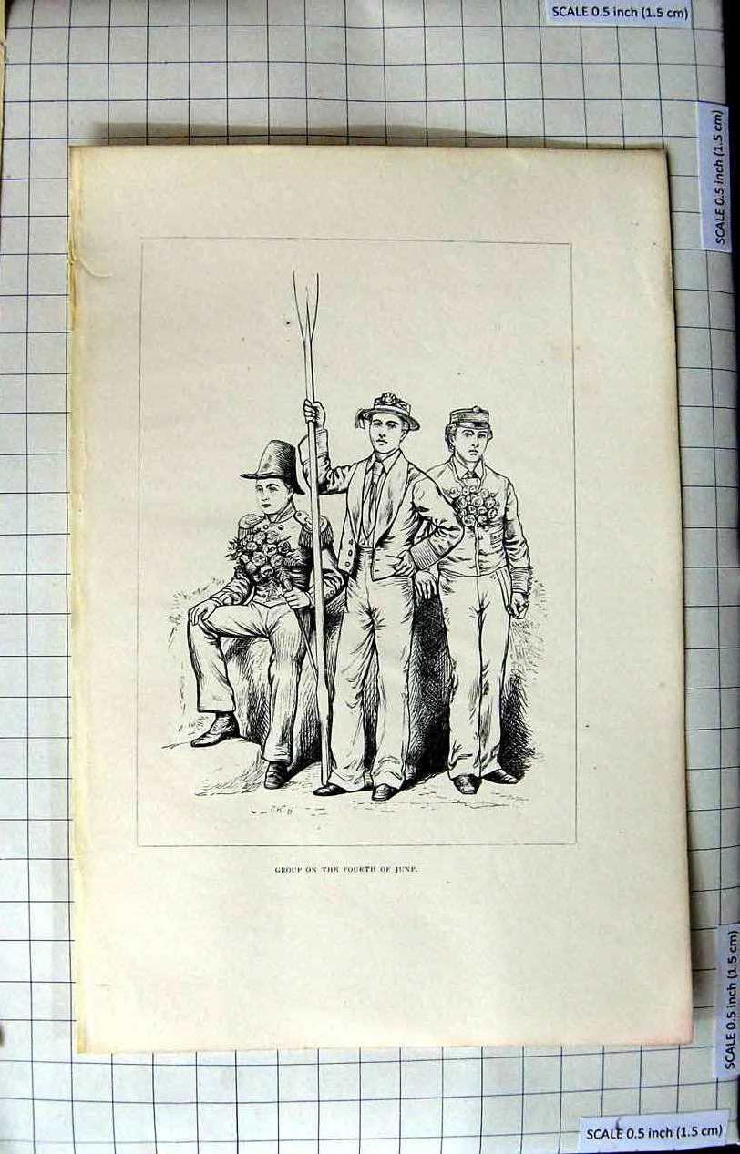 Original Old Antique Print Portrait Group Men Fourth June