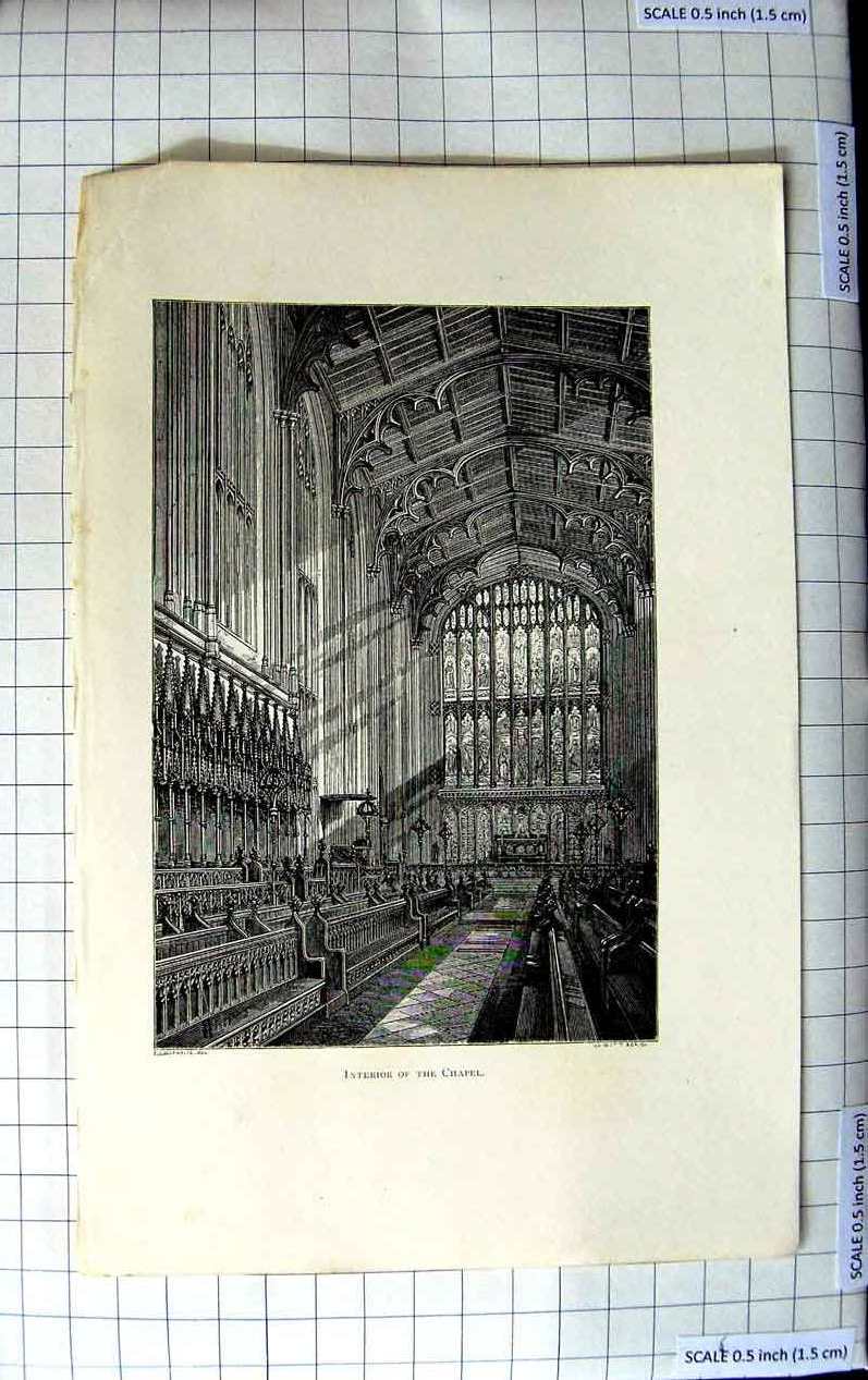 Original Old Antique Print View Interior Chapel Church Architecture
