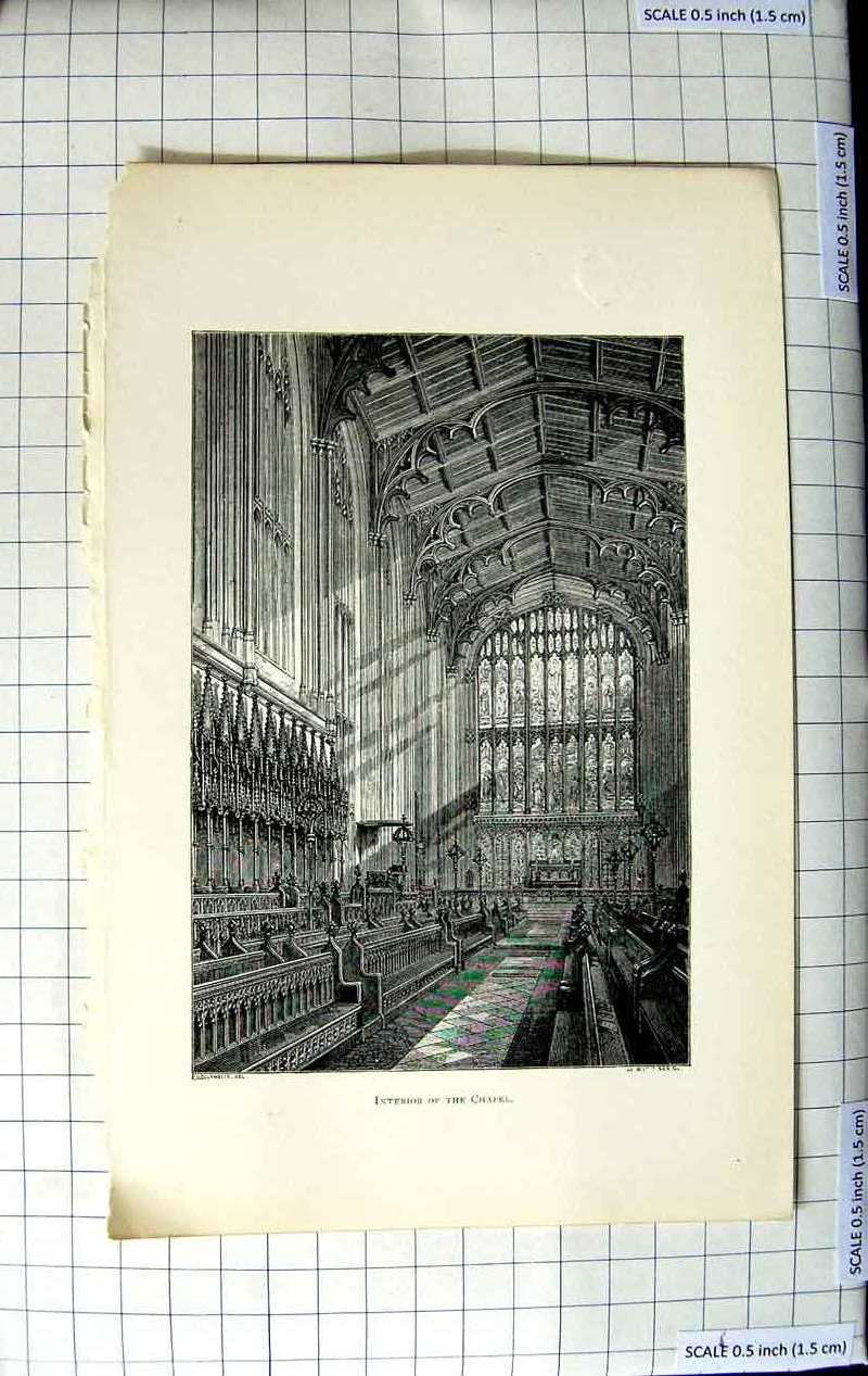 Original Old Antique Print Interior Chapel Church Architecture