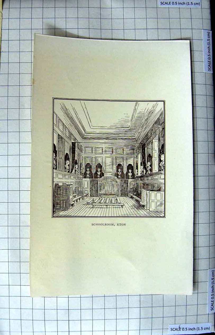 Original Old Antique Print Interior View School Room Eton