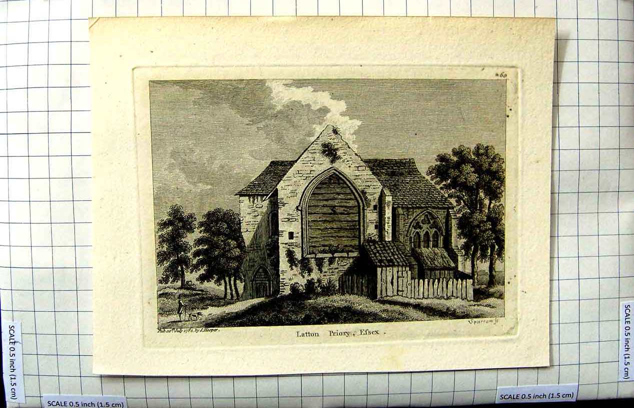 Original Old Antique Print 1784 Hooper Sparrow Engraving Latton Priory Essex