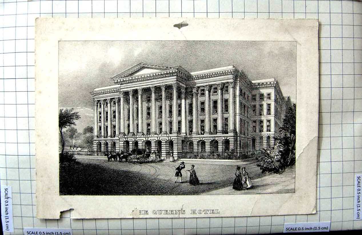 Original Old Antique Print Architecture Exterior Queen'S Hotel Horses Carriage