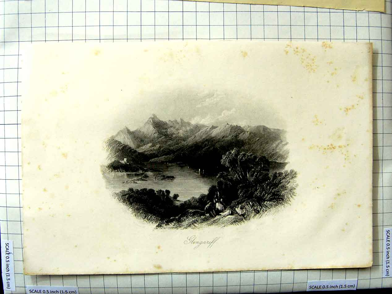 Original Old Antique Print Engraving View Glengariff Mountains Loch