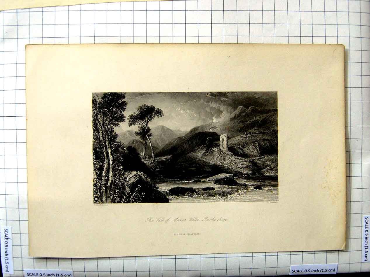 Original Old Antique Print Stanfield Brandard Vale Manor Water Pebbles-Shire