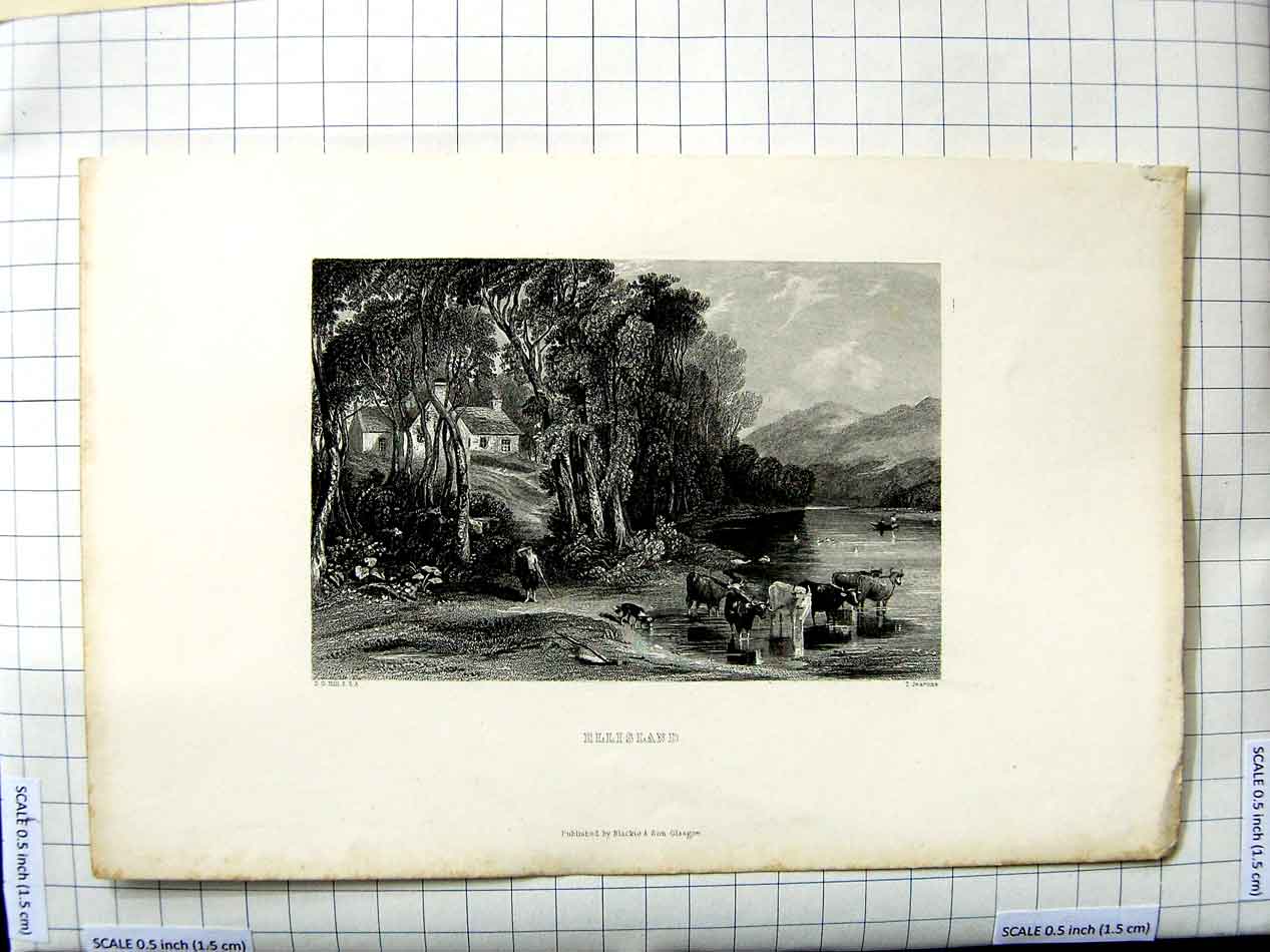 Original Old Antique Print Engraving Ellisland House Trees Cows Jearvons