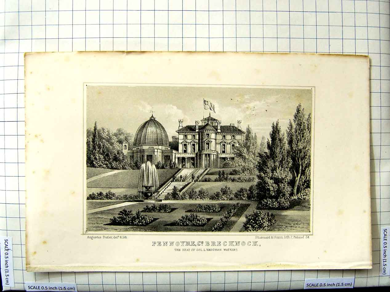 Original Old Antique Print View Pennoyre Brecknock Vaughan Watkins Architecture