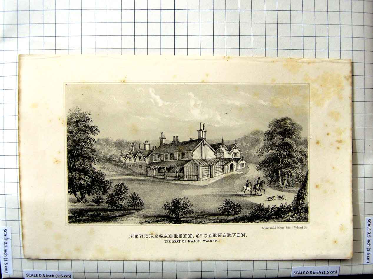 Original Old Antique Print Hendregadredd Carnarvon Major Walker Architecture
