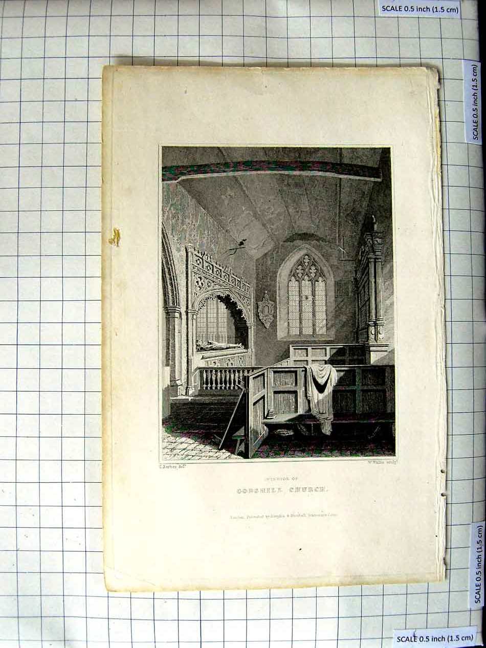 Original Old Antique Print Interior Godshill Church Barber Wallis Engraving