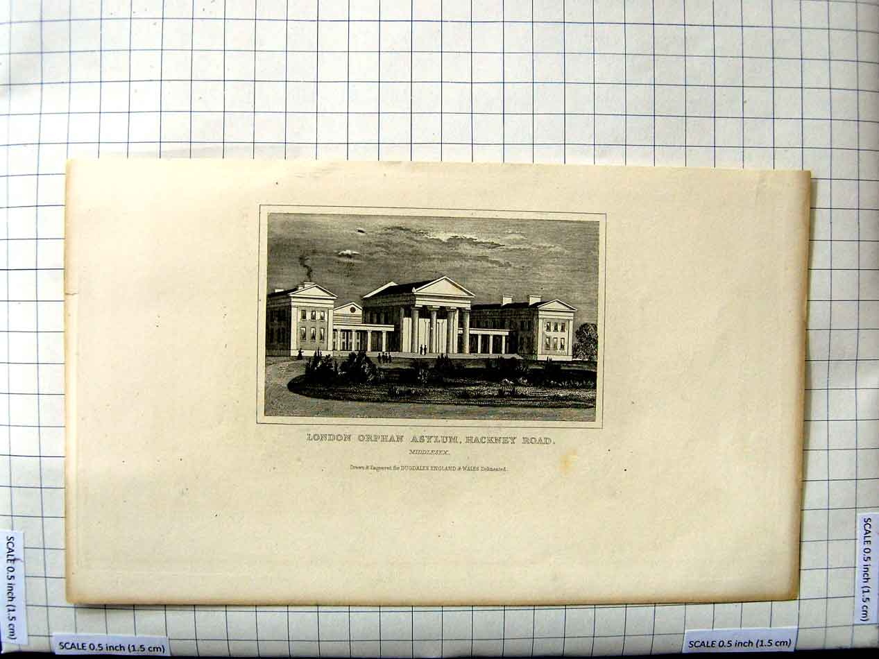 Original Old Antique Print London Orphan Asylum Hackney Road Middlesex Dugdales
