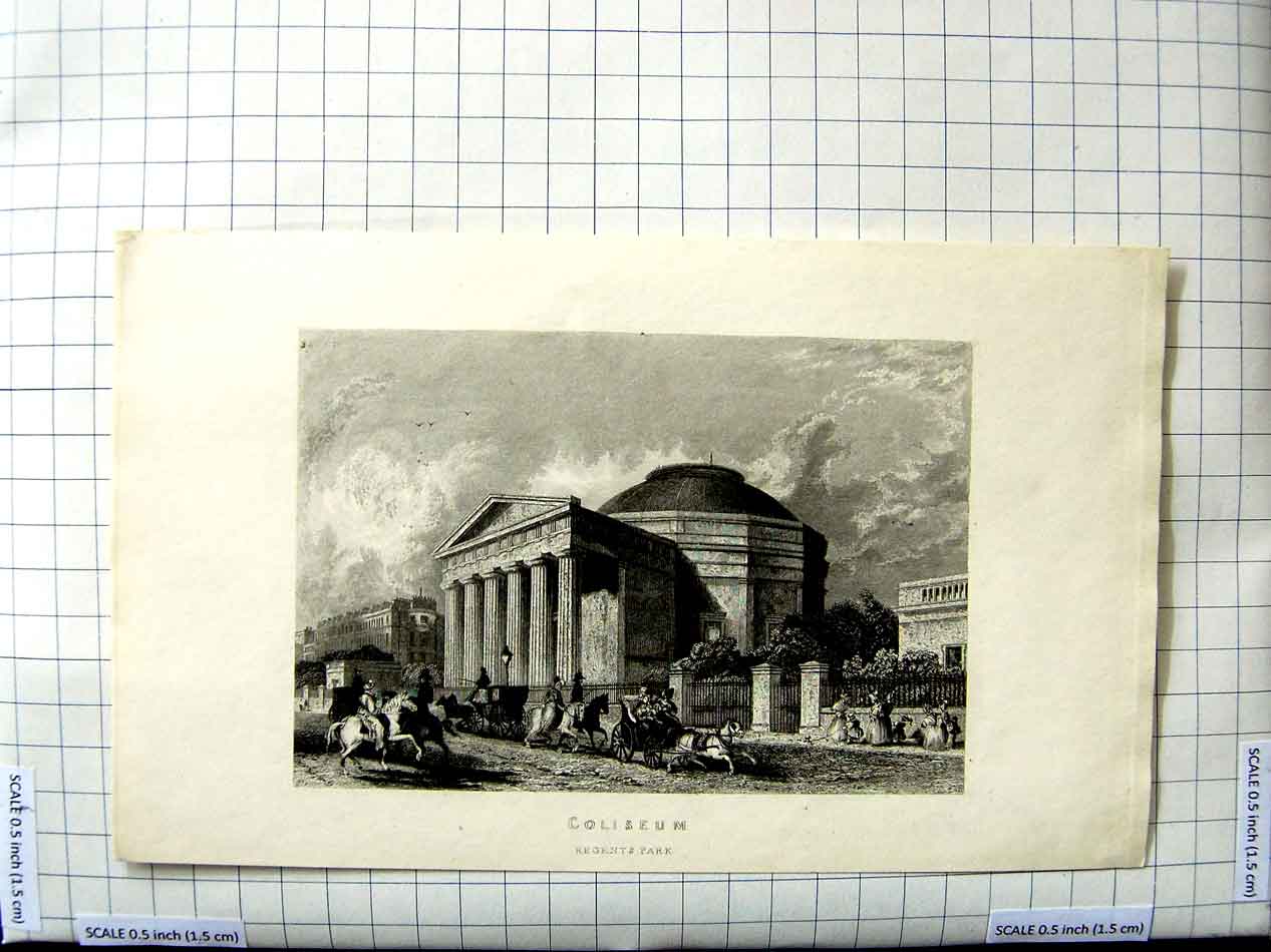 Original Old Antique Print Architecture Coliseum Regents Park Engraving