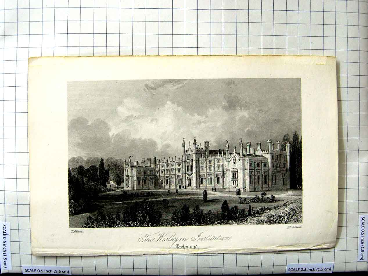 Old Antique Print Architecture Wesleyan Institution Richmond Allom Adlard