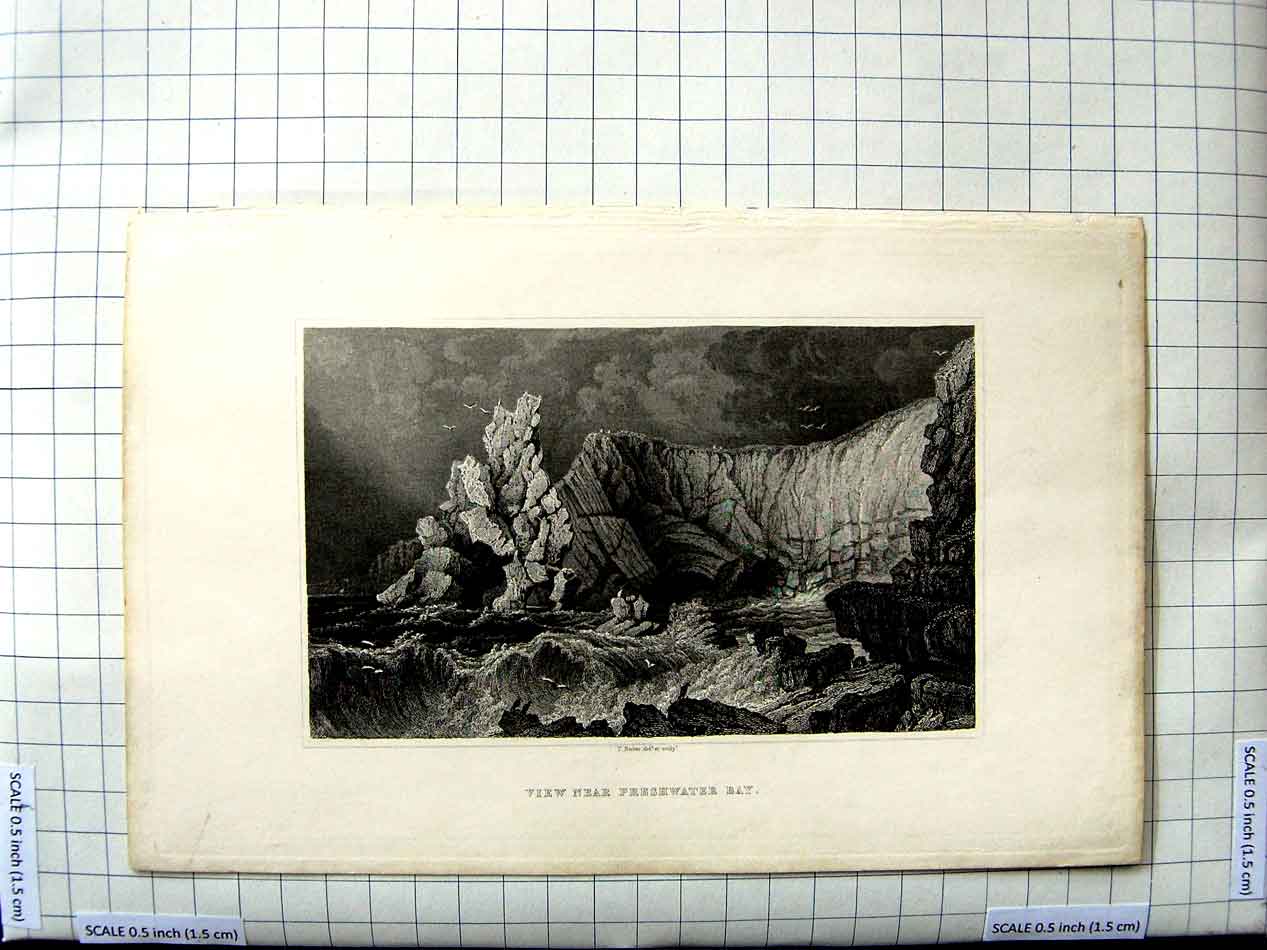 Original Old Antique Print View Near Freshwater Bay Stormy Sea Cliffs Engraving