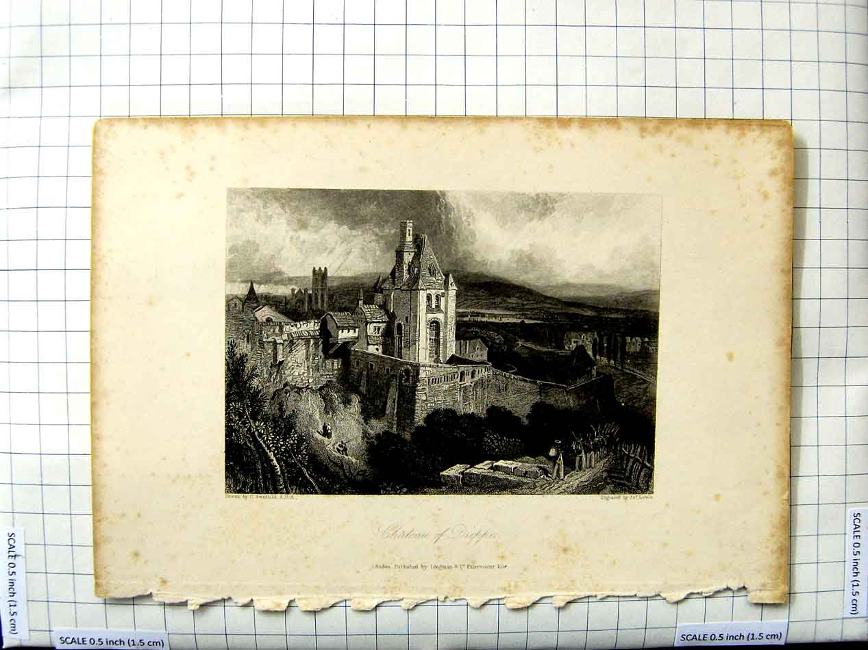 Original Old Antique Print Stanfield Lewis Engraving View Chateau Dieppe France