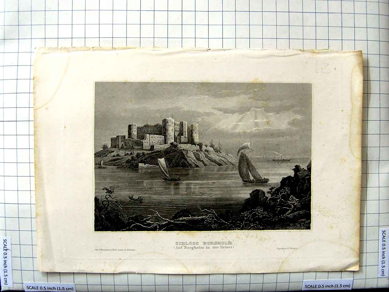 Original Old Antique Print Engraving View Schloss Borgholm Architecture