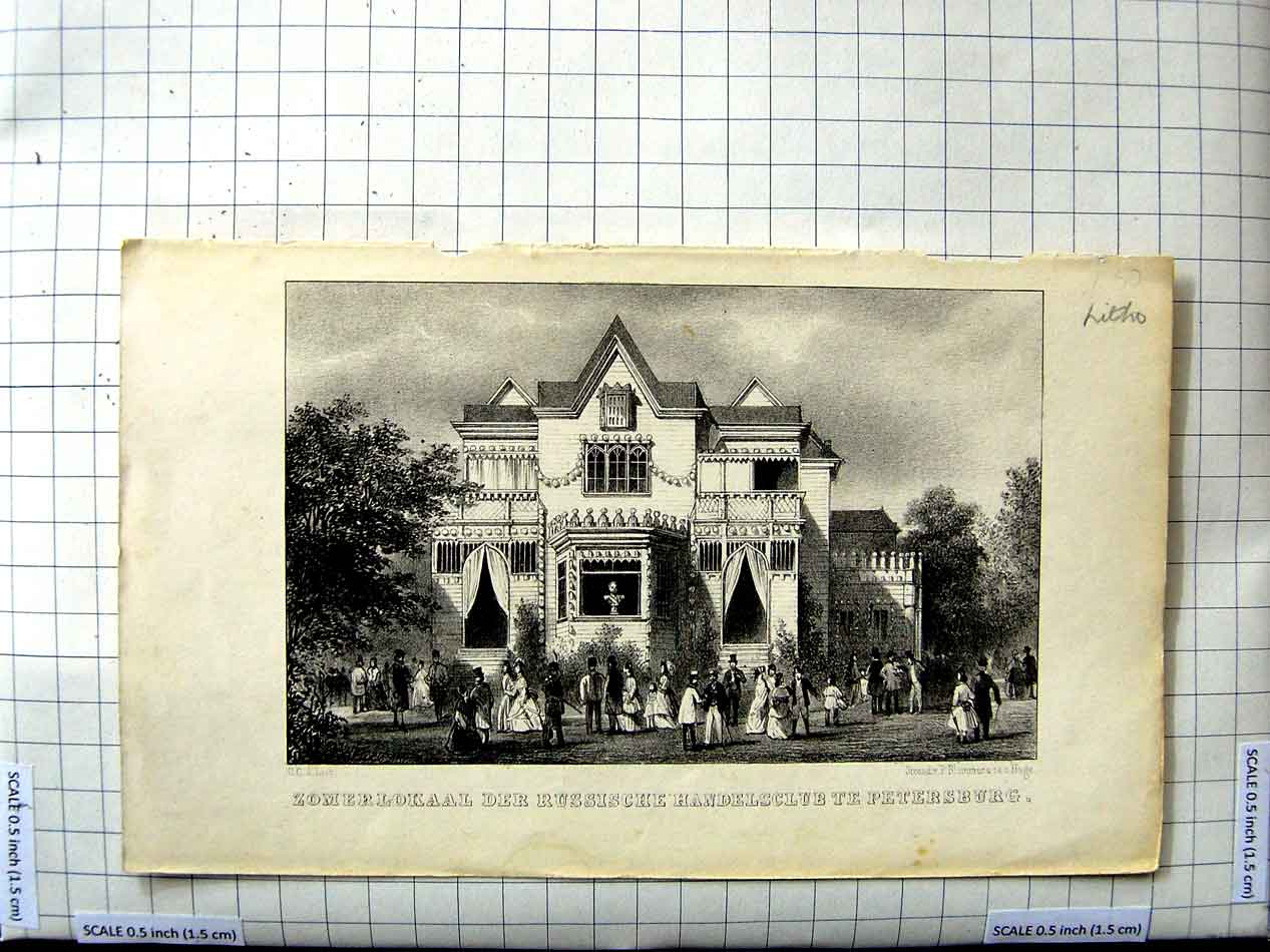 Original Old Antique Print Zomerlokaal Der Russische Handelsclub Te Petersburg