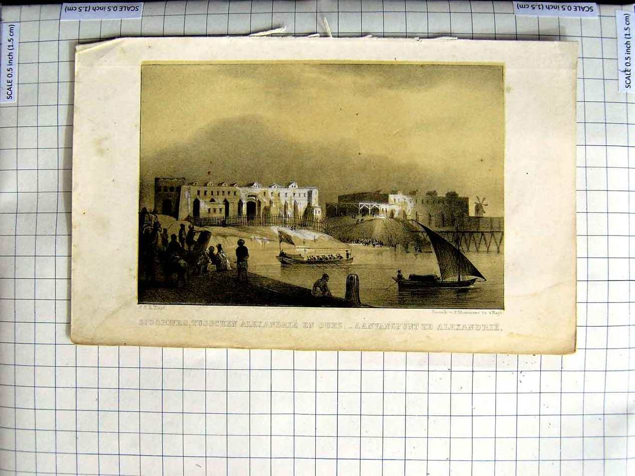Original Old Antique Print Spoorweg Tusschen Aleandrie Suez Boats