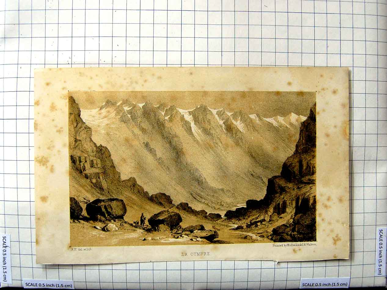 Original Old Antique Print Walton View La Cumbre Mountains