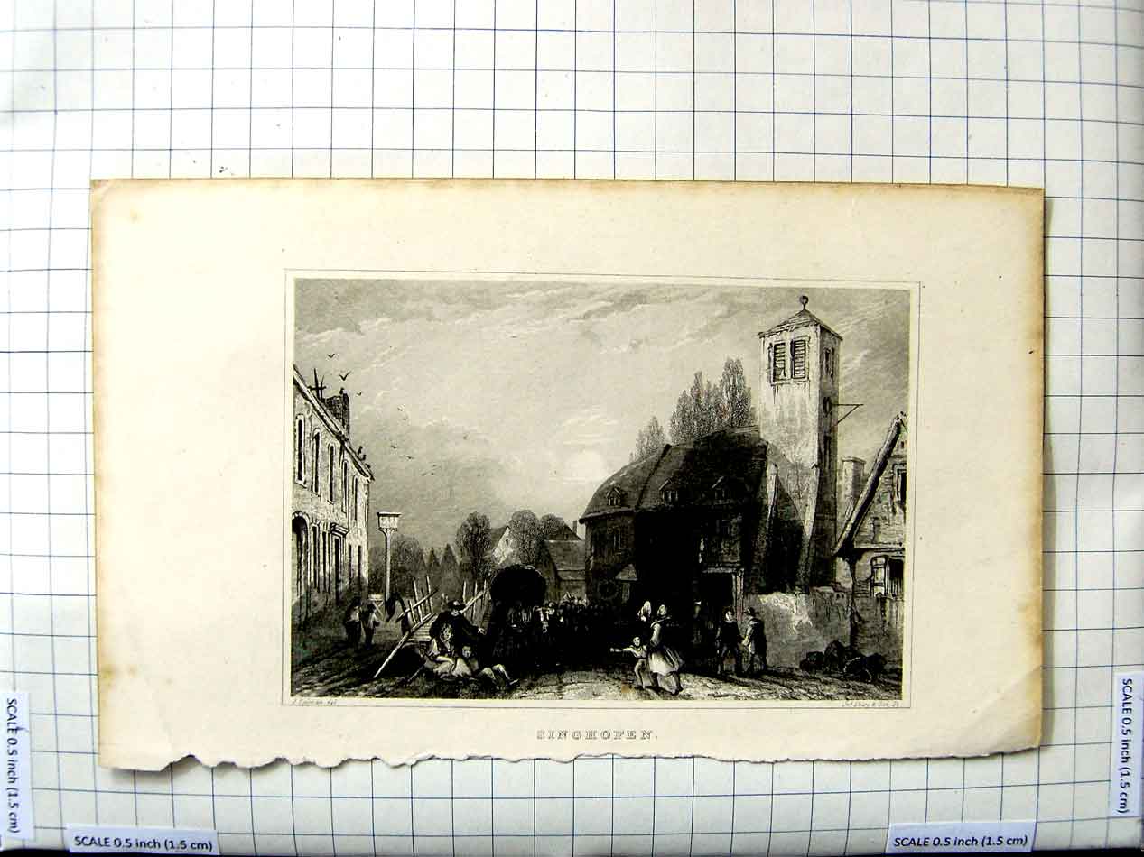 Original Old Antique Print Salman Engraving View Singhofen Street Scene Houses