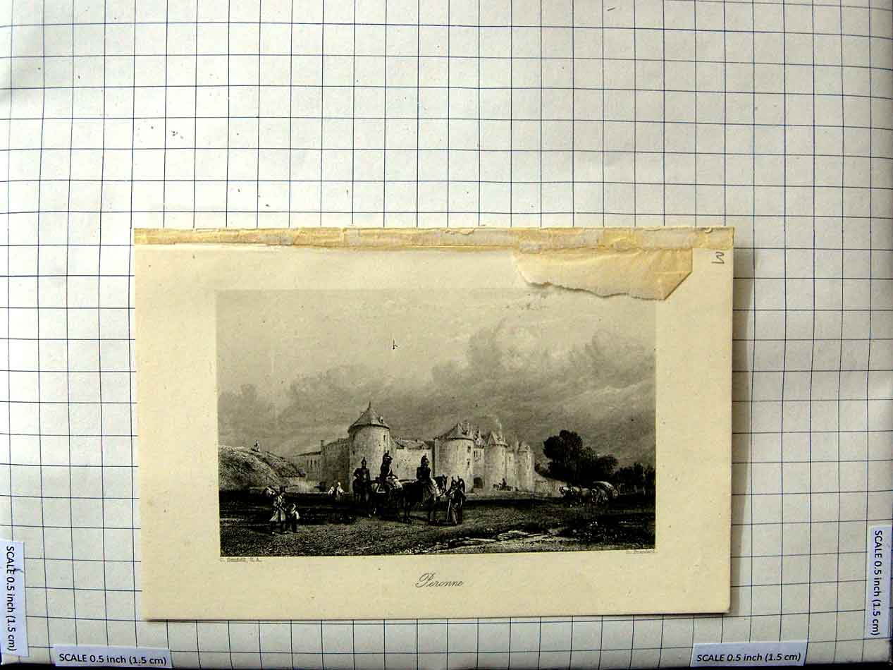 Original Old Antique Print Stanfield Brandard Engraving View Peronne Castle