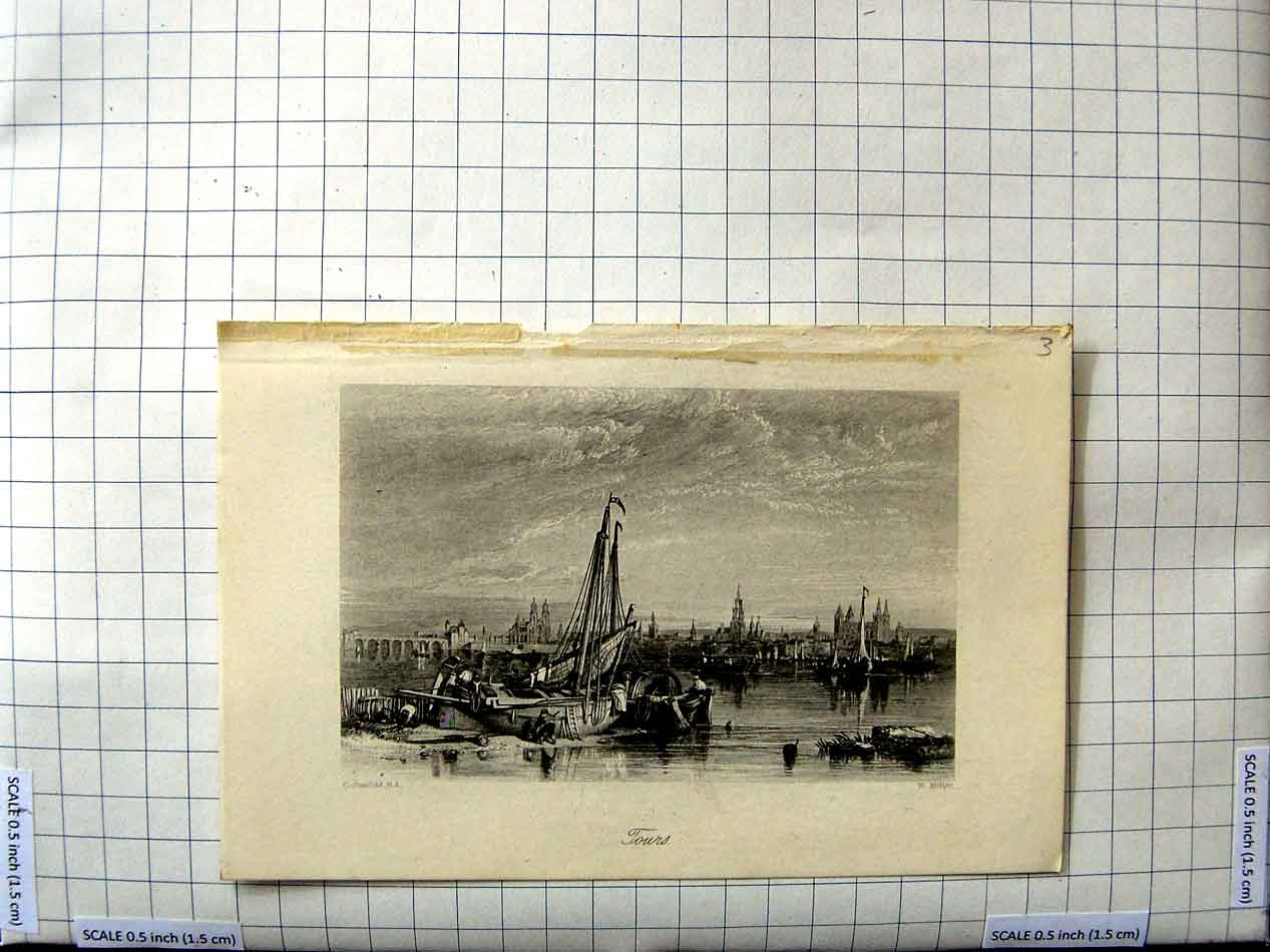 Old Antique Print Stanfield Miller Engraving View Tours France Ship Boats