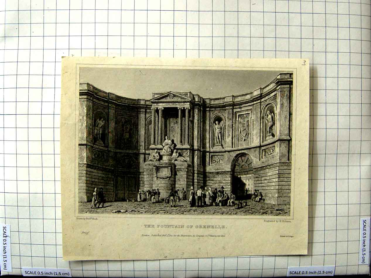 Original Old Antique Print Nash Hobson Engraving View Fountain Grenelle 1821