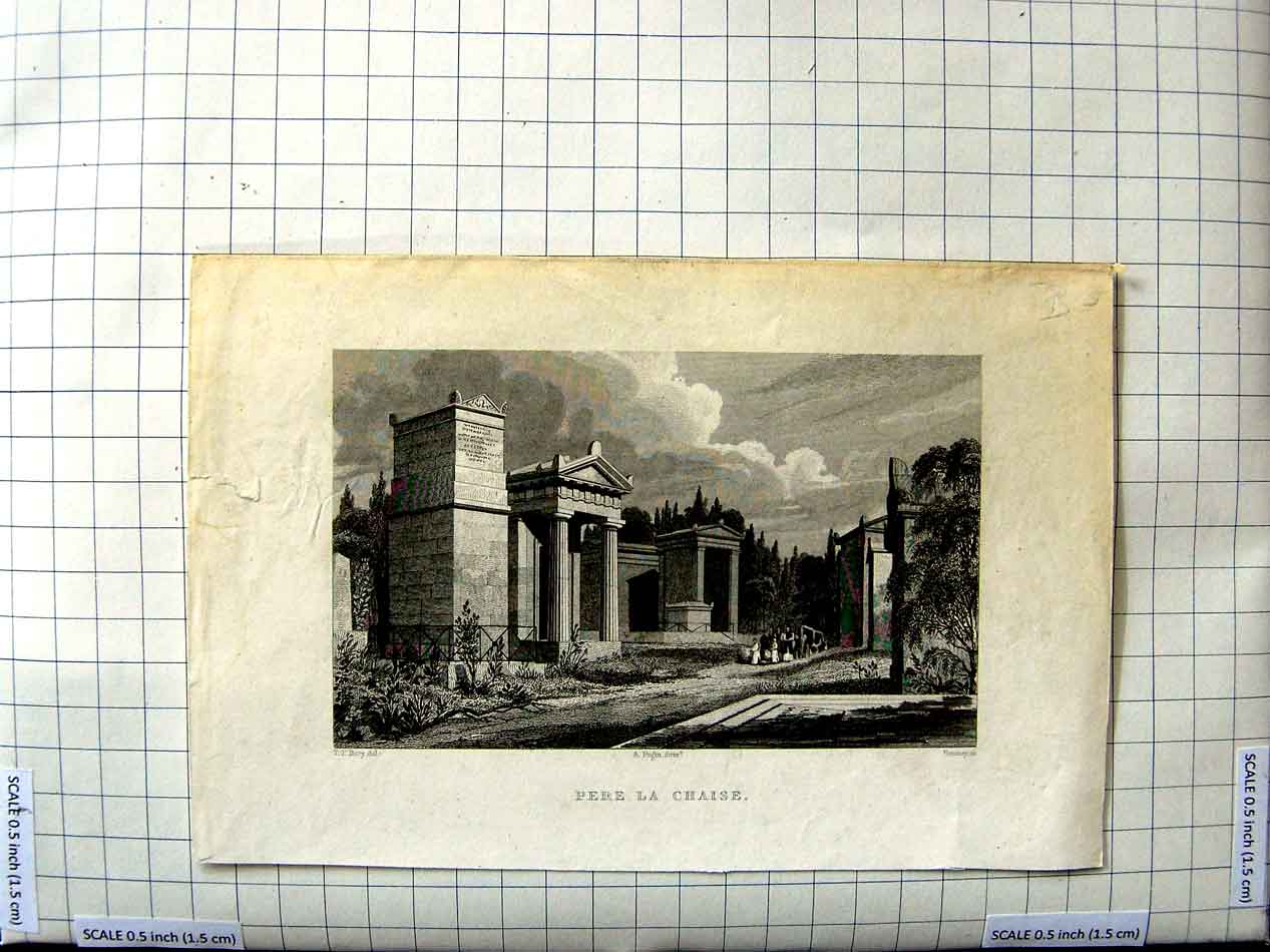 Original Old Antique Print Bury Engraving View Pere La Chaise Architecture