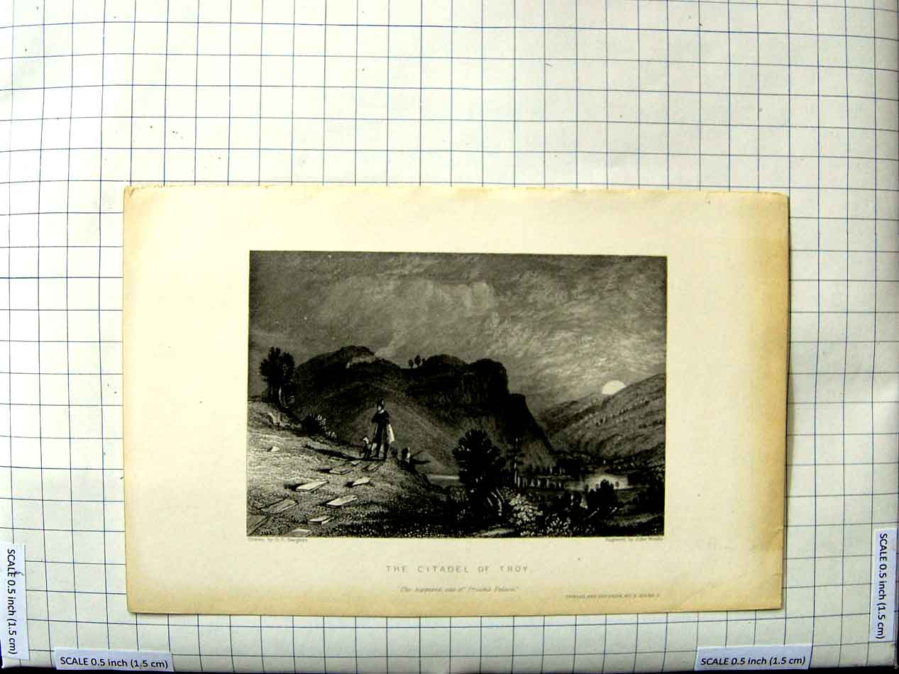 Original Old Antique Print Sargent Woods View Citadel Troy Priam'S Palace