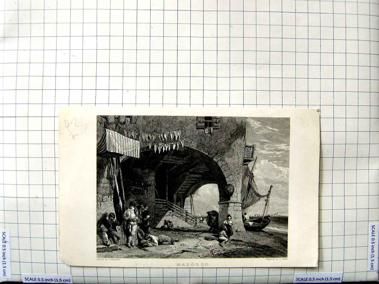 Original Old Antique Print Heath Stanfield Engraving View Mazorbo People Sea
