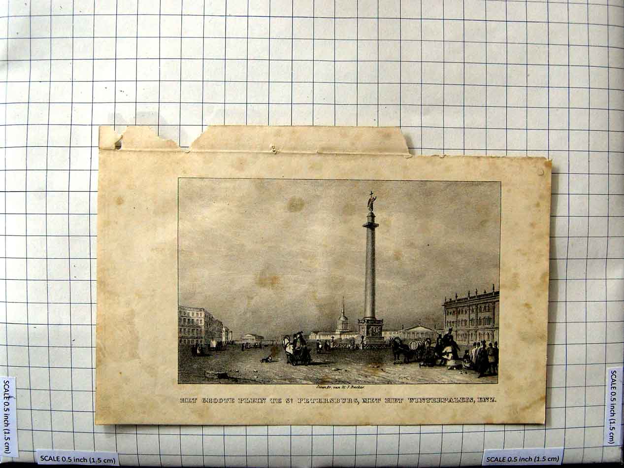Original Old Antique Print Het Groote Plein Petersburg Winterpaleis Enz Backer
