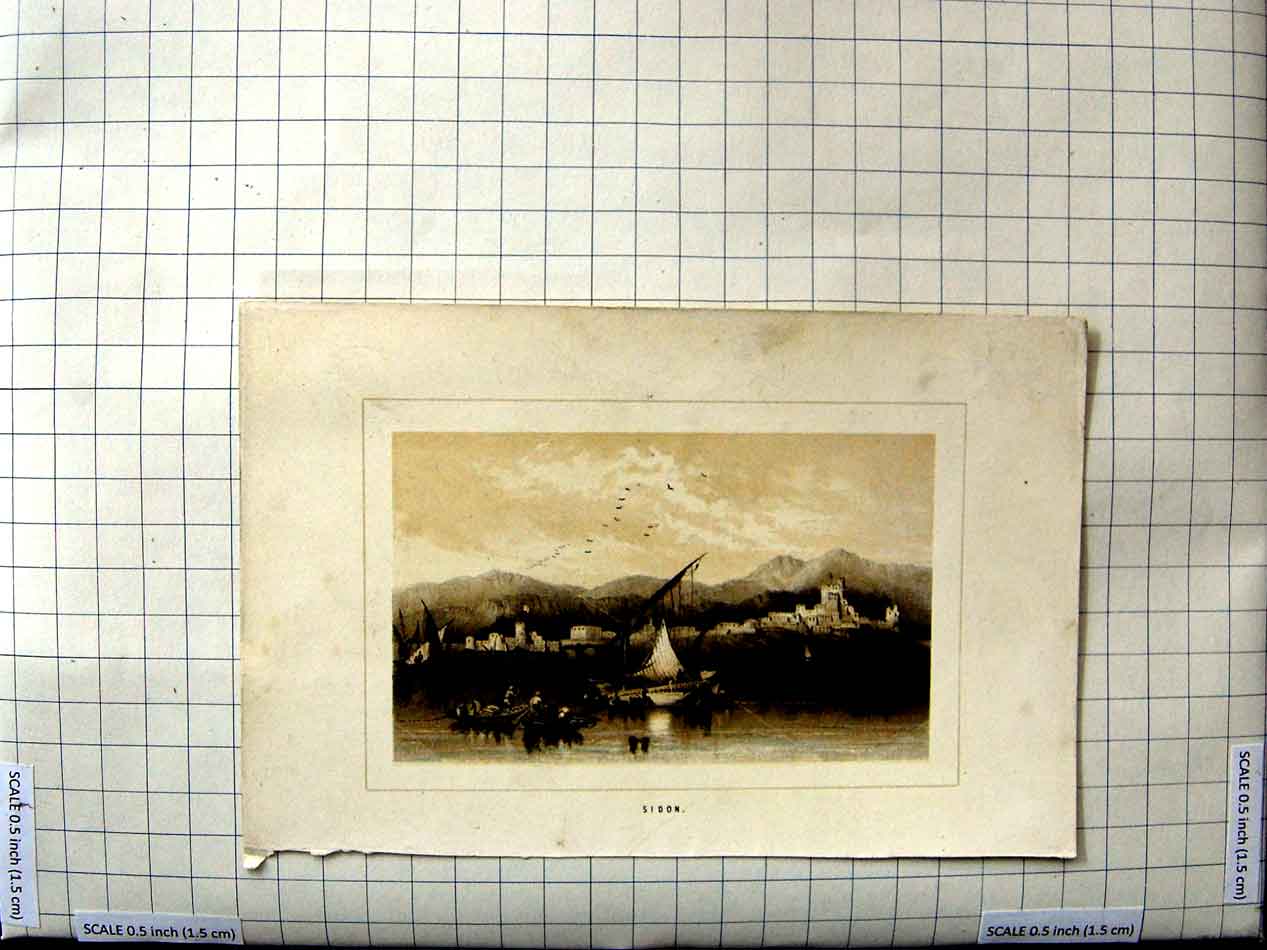 Original Old Antique Print Engraving View Sidon Boats Castle Mountains