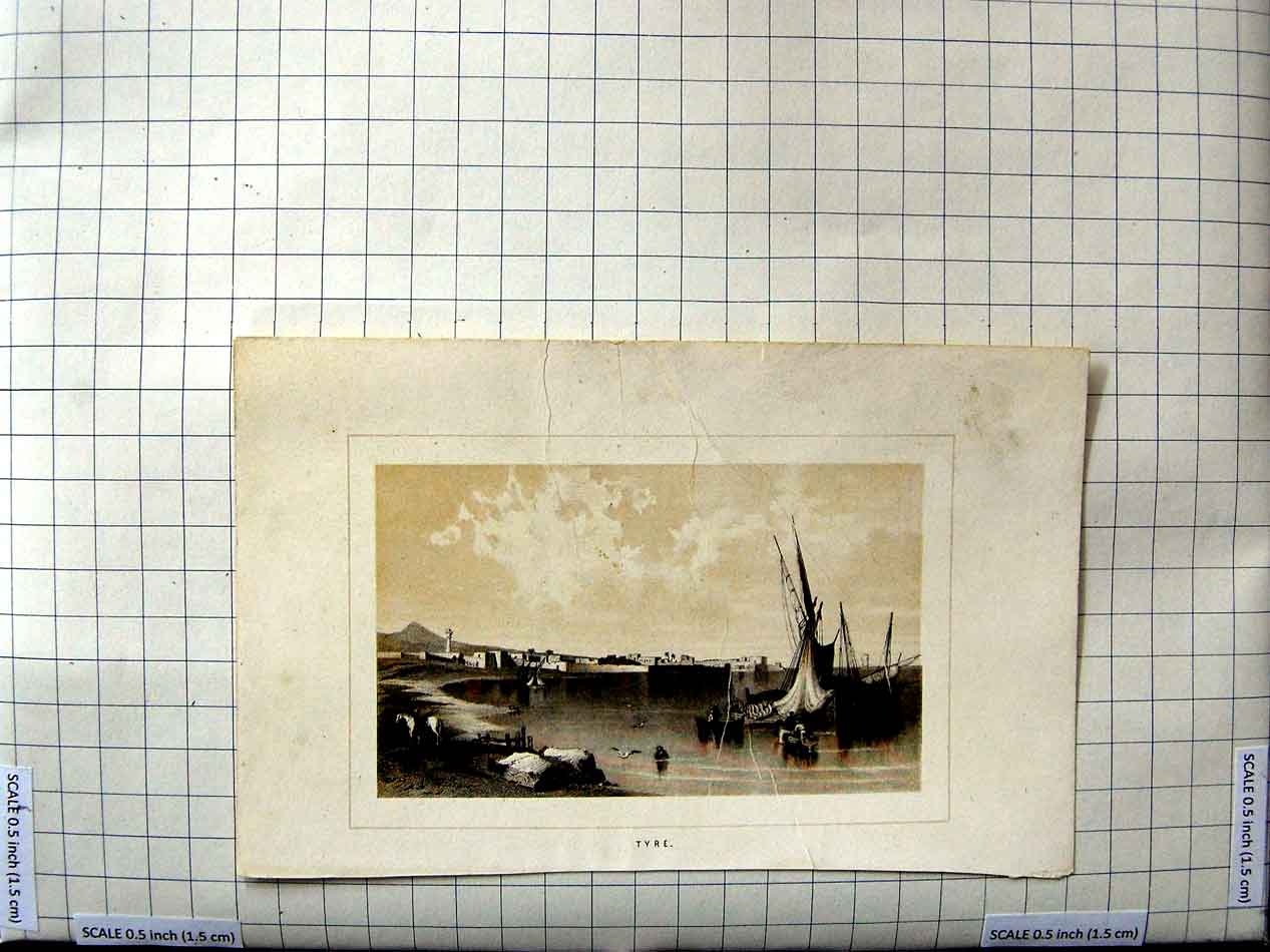 Original Old Antique Print View Tyre Sailing Ships Horses Houses
