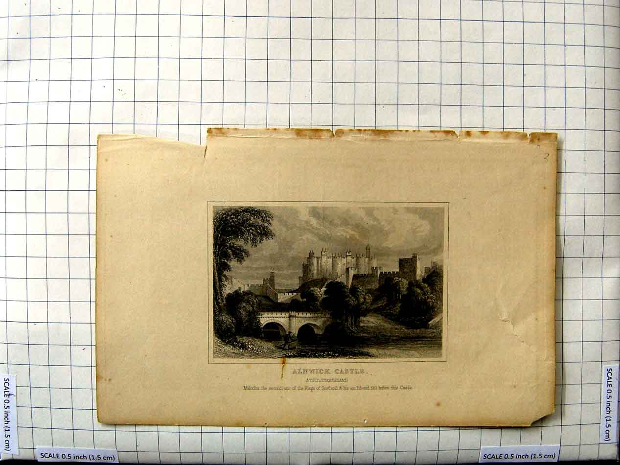 Original Old Antique Print View Alnwick Castle Northumberland Architecture