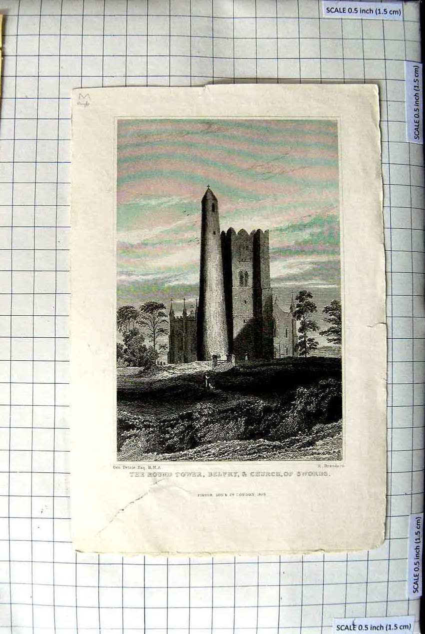 Old Antique Print 1829 Round Tower Belfry Church Swords Petrie Brandard 19th