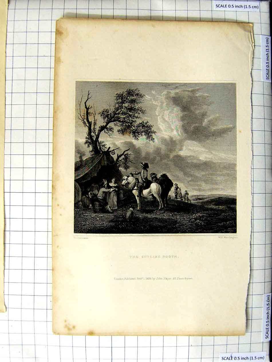 Original Old Antique Print 1834 Worthington Engraving The Sutling Booth Tent