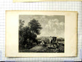 Original Old Antique Print Chevalier Bergham Engraving Landscape People Animals