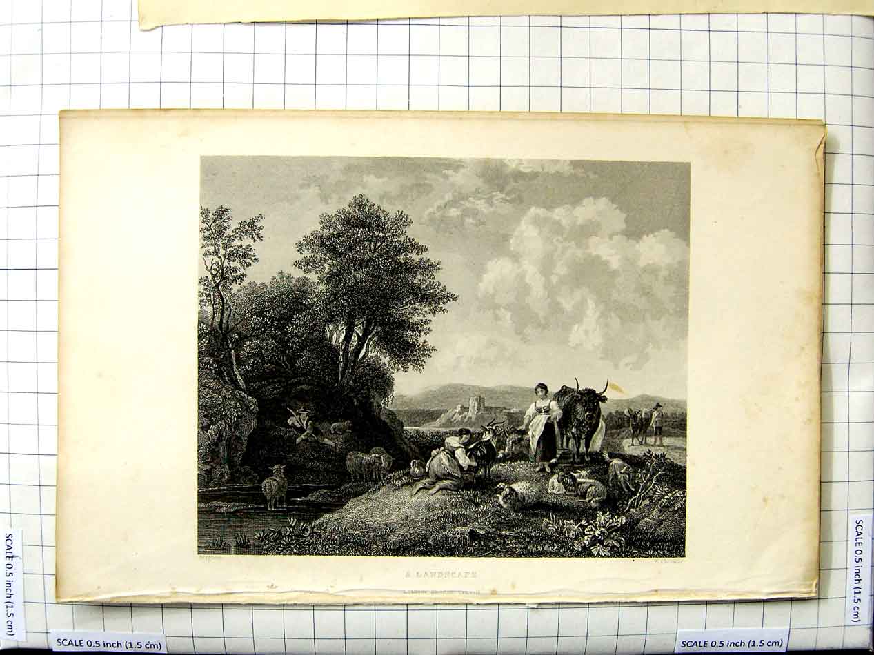 Original Old Antique Print Chevalier Bergham Engraving Landscape People Animals