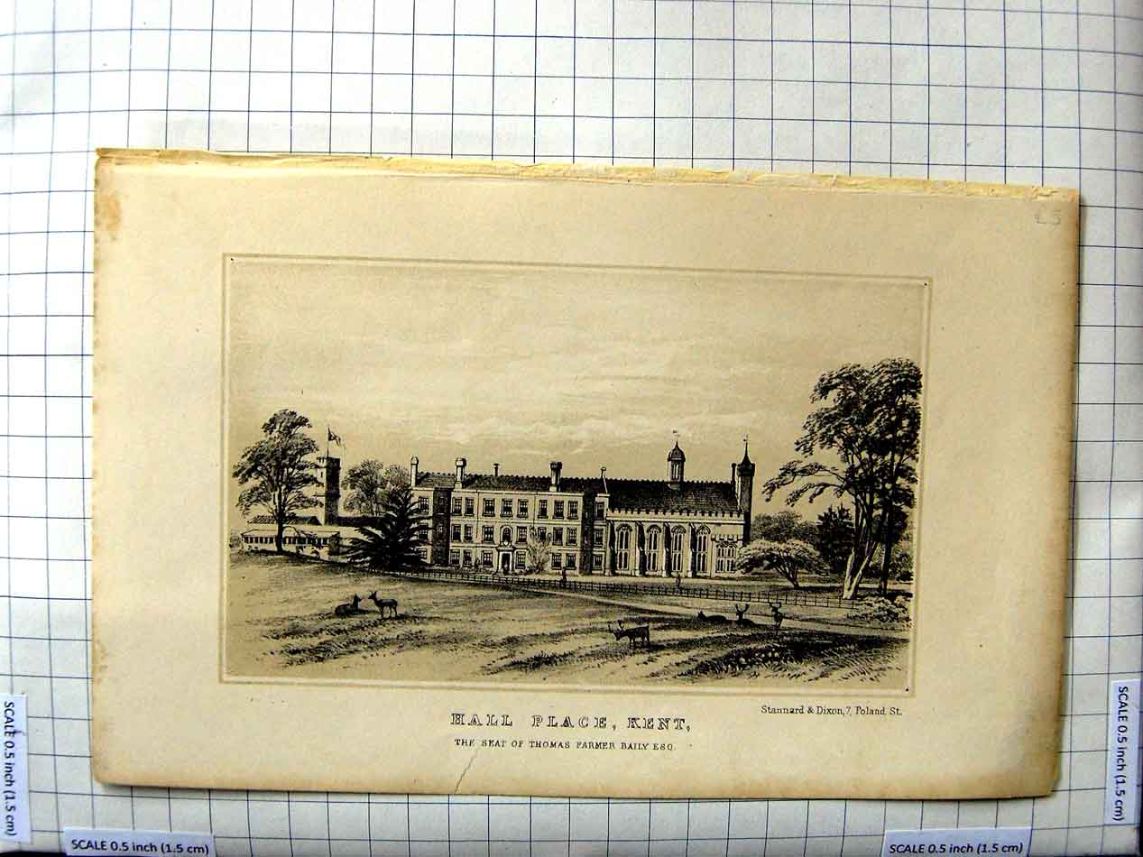 Original Old Antique Print Architecture Hall Place Kent Thomas Farmer Baily