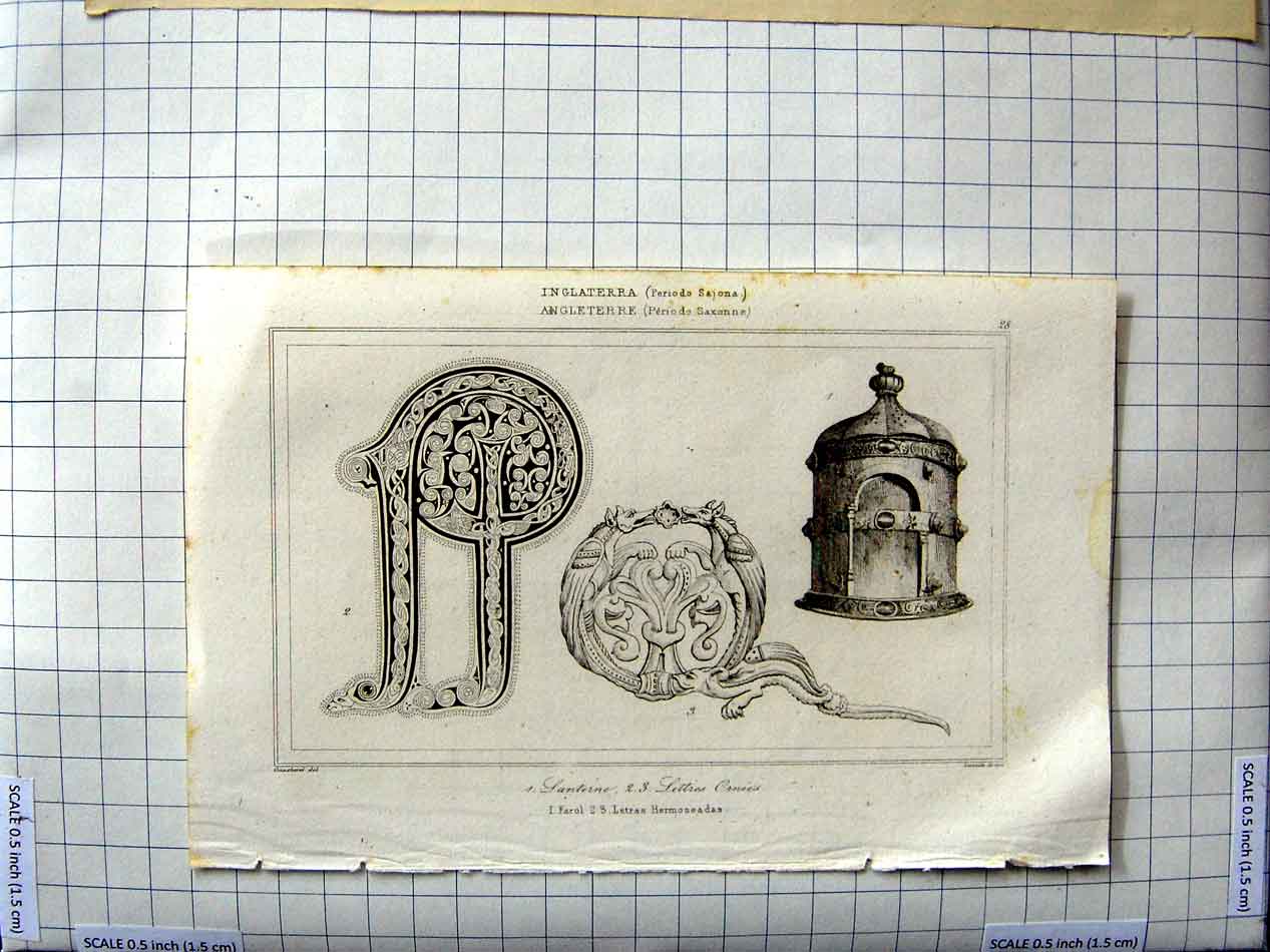 Original Old Antique Print Archaeology Saxonne Lanterne Farol Hermoseadas 1844
