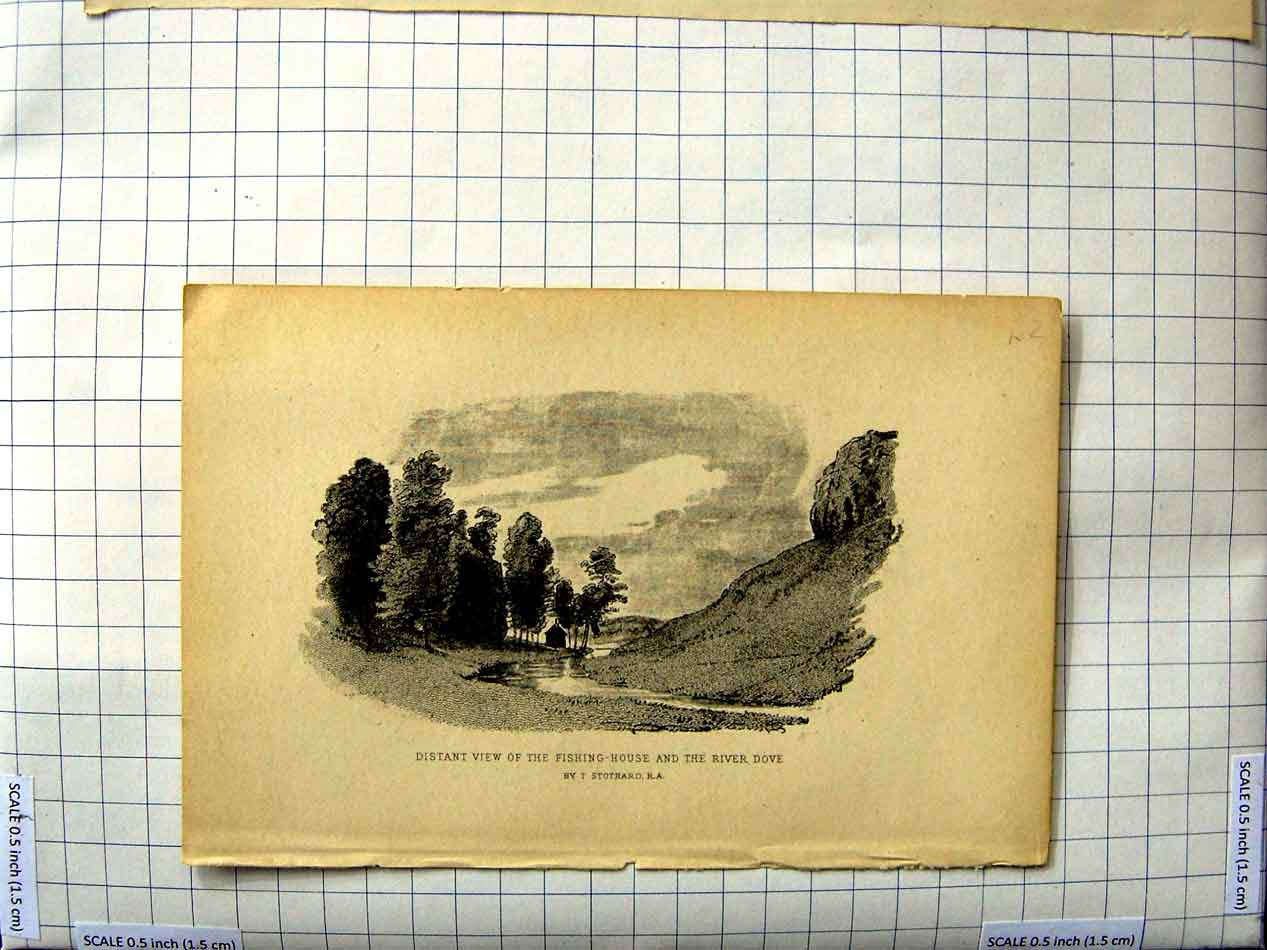 Original Old Antique Print Distant View Fishing House River Dove Stothard