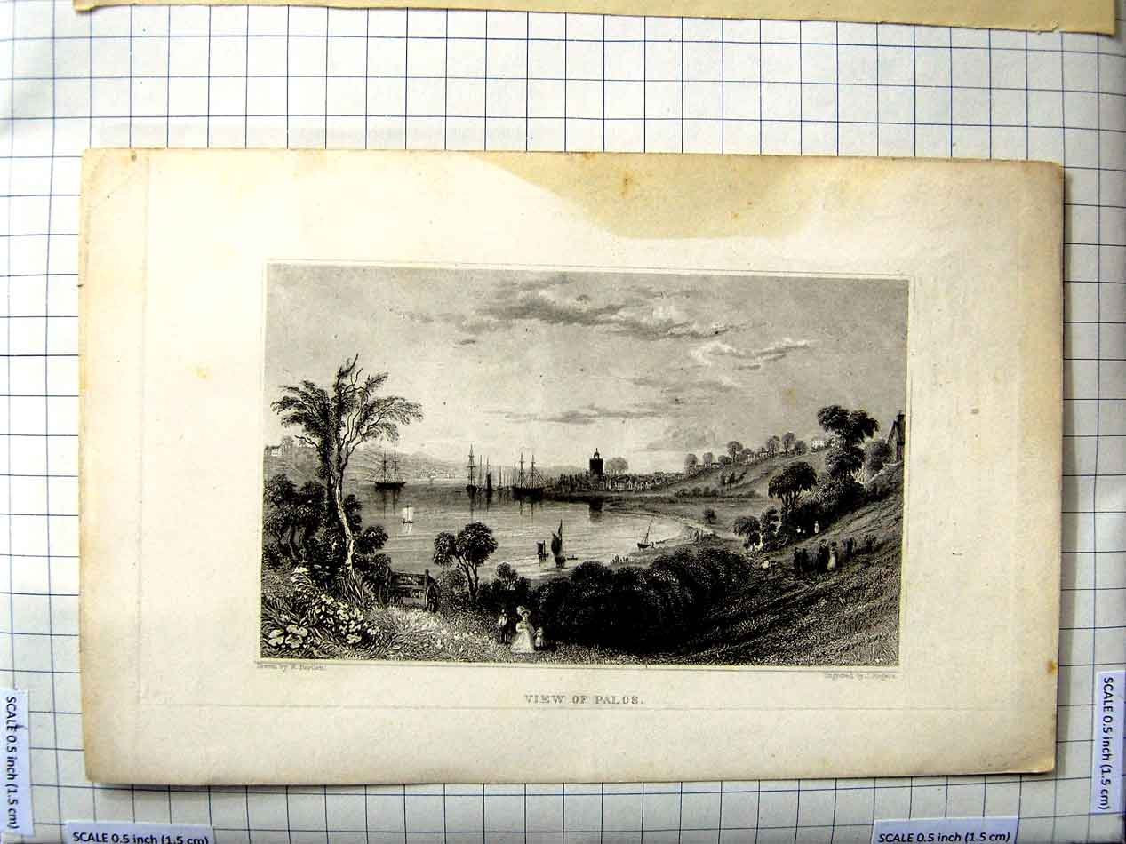 Original Old Antique Print Bartlett Rogers Engraving View Palos Ships Trees