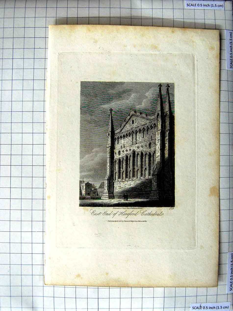 Original Old Antique Print 1813 Storer East End Hereford Cathedral Architecture
