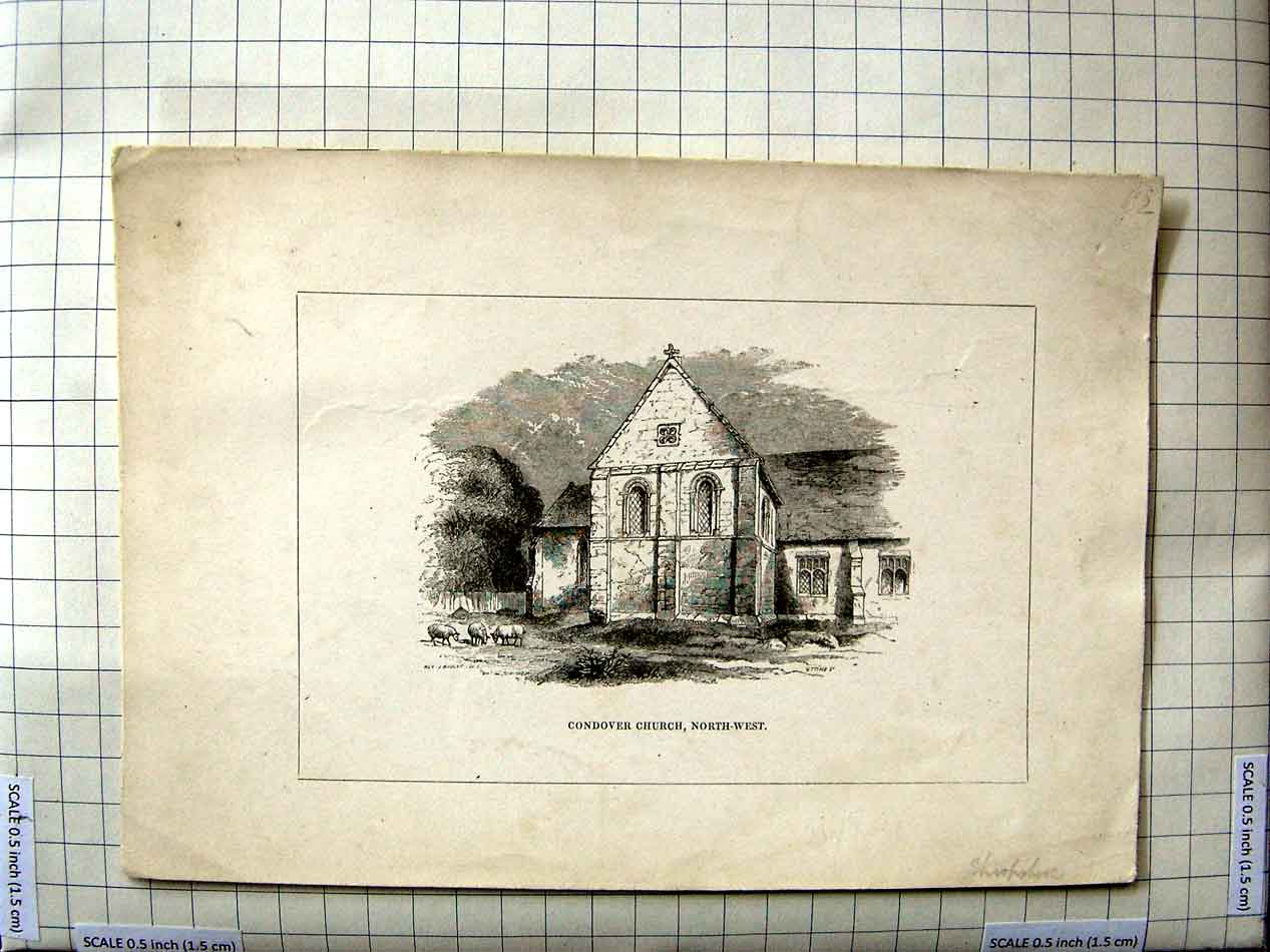 Original Old Antique Print Architecture View Condover Church