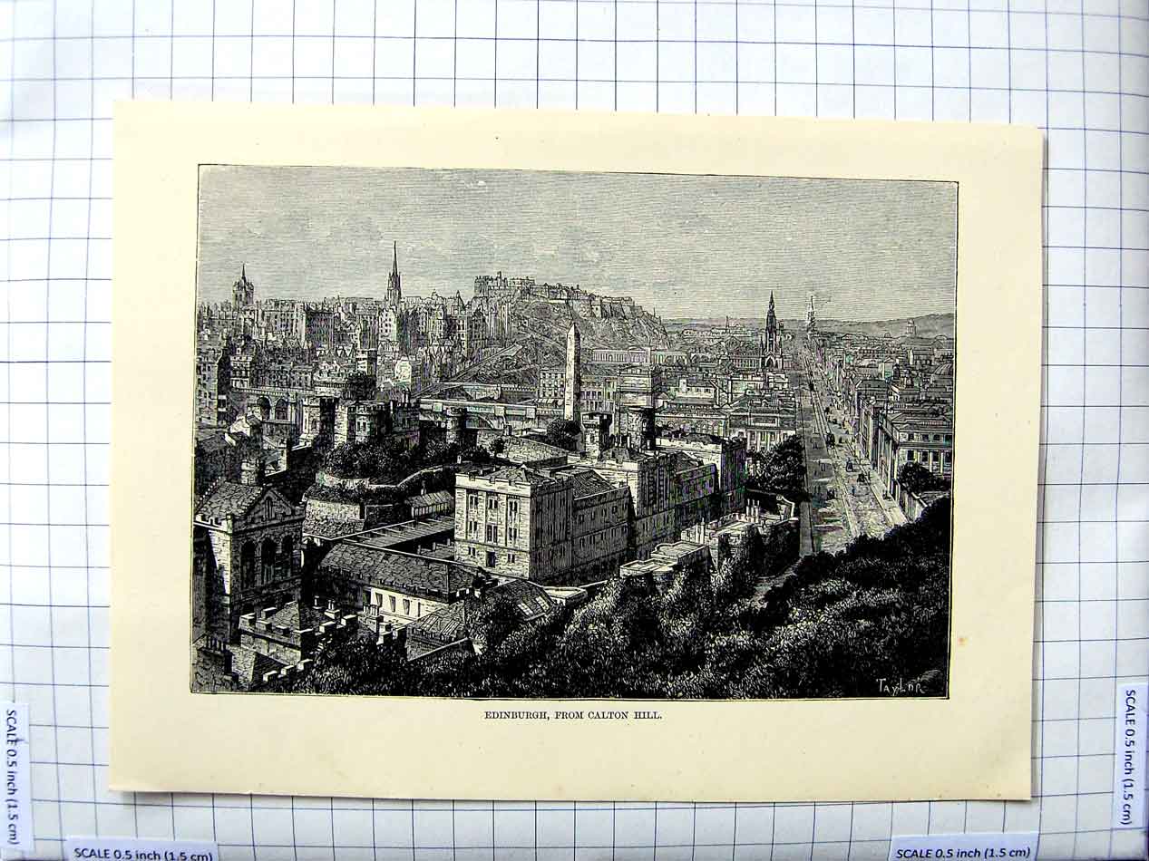 Original Old Antique Print View Edinburgh Scotland Calton Hill Taylor