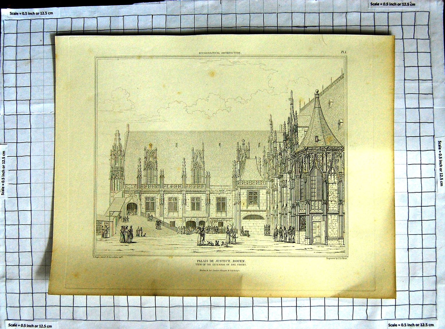 Original Old Antique Print Pugin Le Keux Palais De Justice Rouen Interior Court