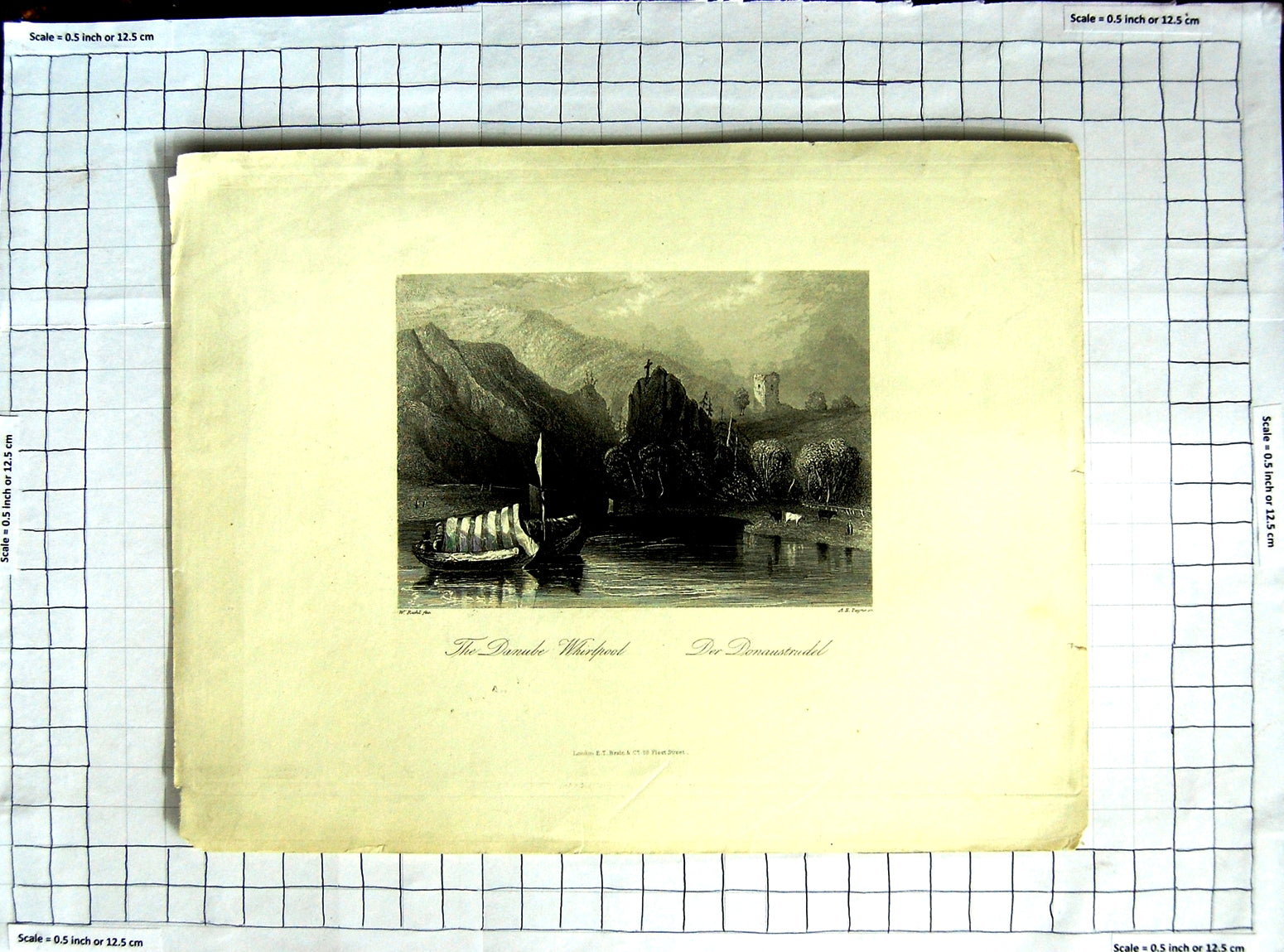 Original Old Antique Print View Danube Whirlpool River Boat Payne Engraving