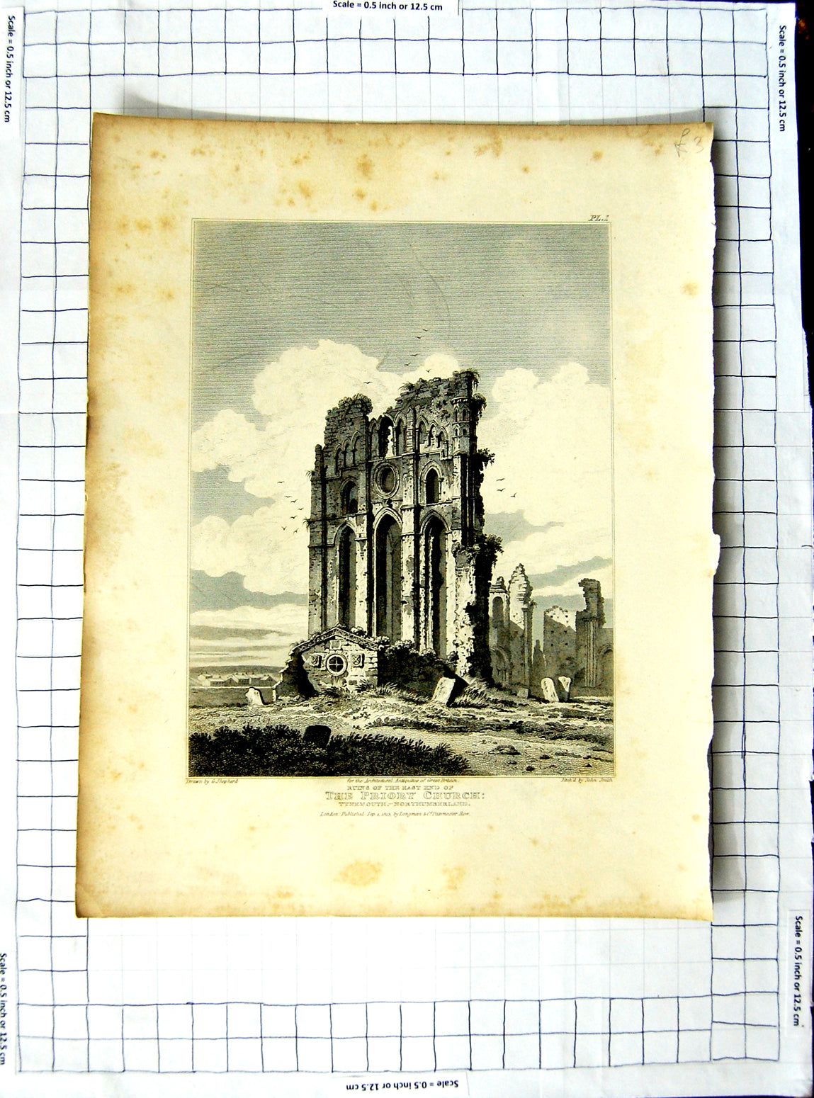 Original Old Antique Print 1813 Priory Church Tynemouth Northumberland Shepherd