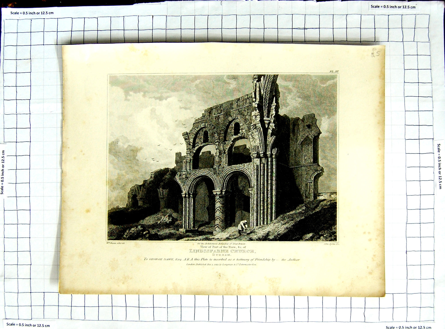 Old Antique Print 1813 View Nave Lindisfarne Church Durham Westal Byrne 19th