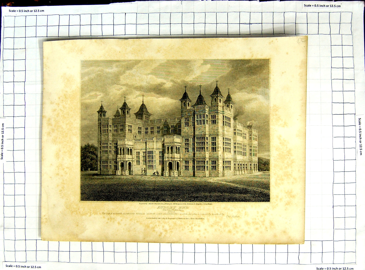 Old Antique Print 1809 Architecture Audley End Stewart Burnett Thompson 19th